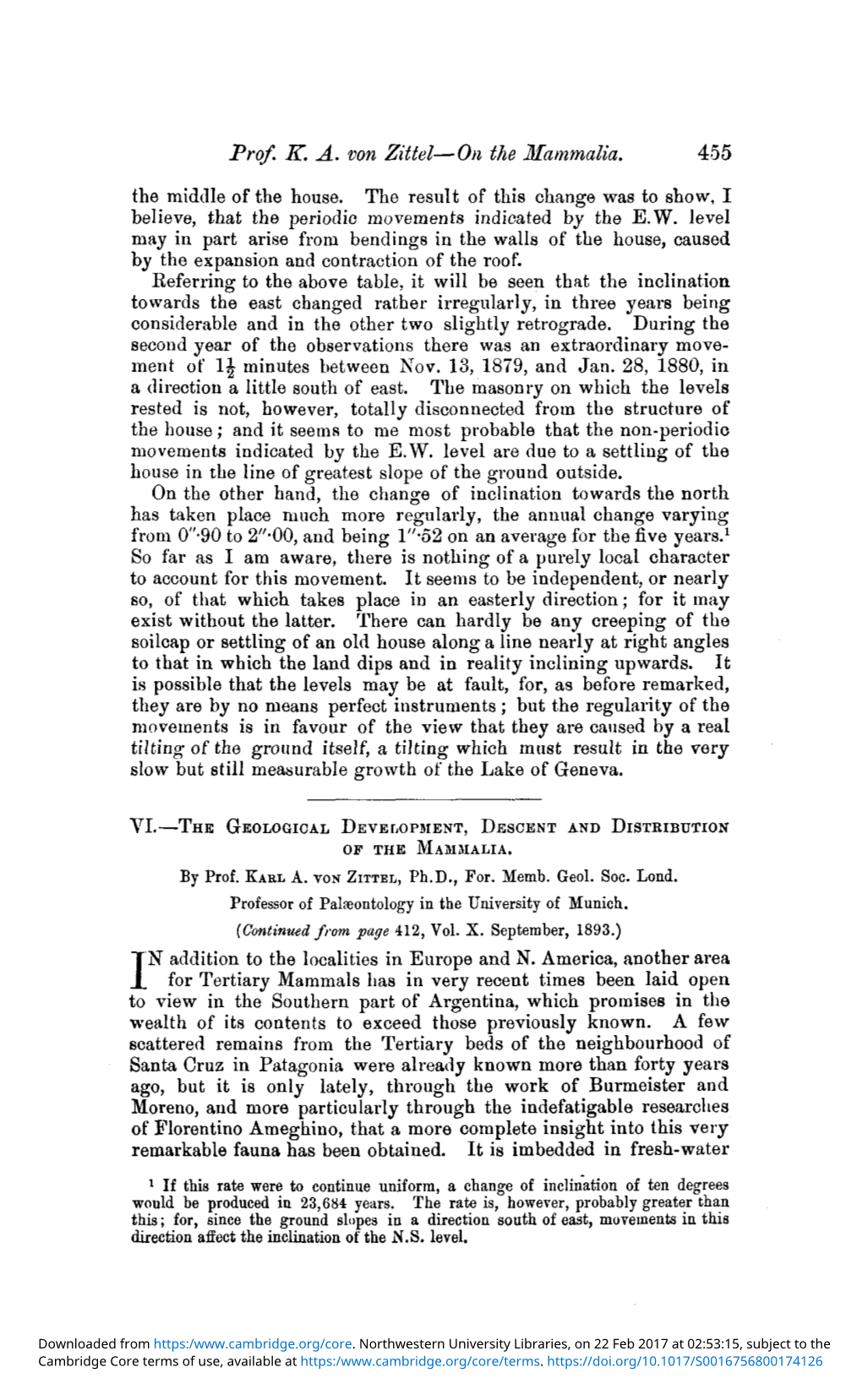 The Geological Development, Descent and Distribution of the Mammalia