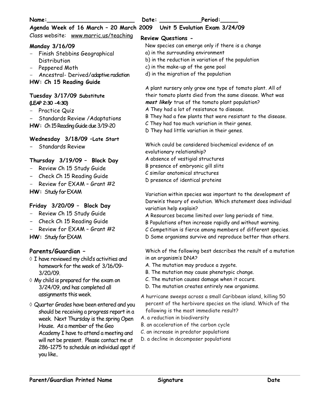 Class Agenda Week of 16-20 March 2009