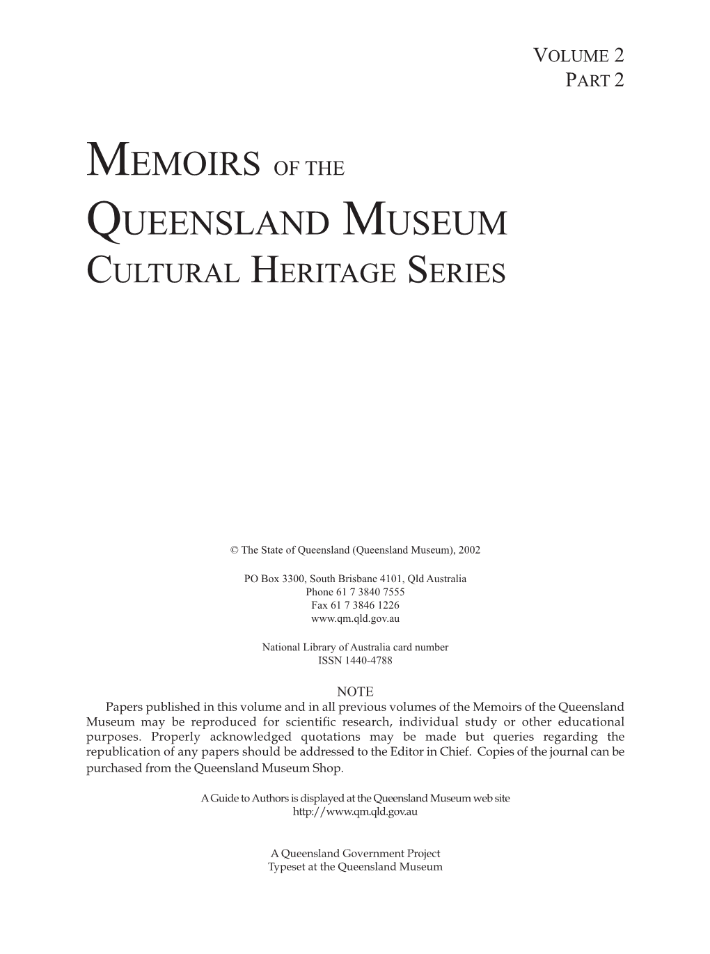 Memoirs of the Queensland Museum Cultural Heritage Series