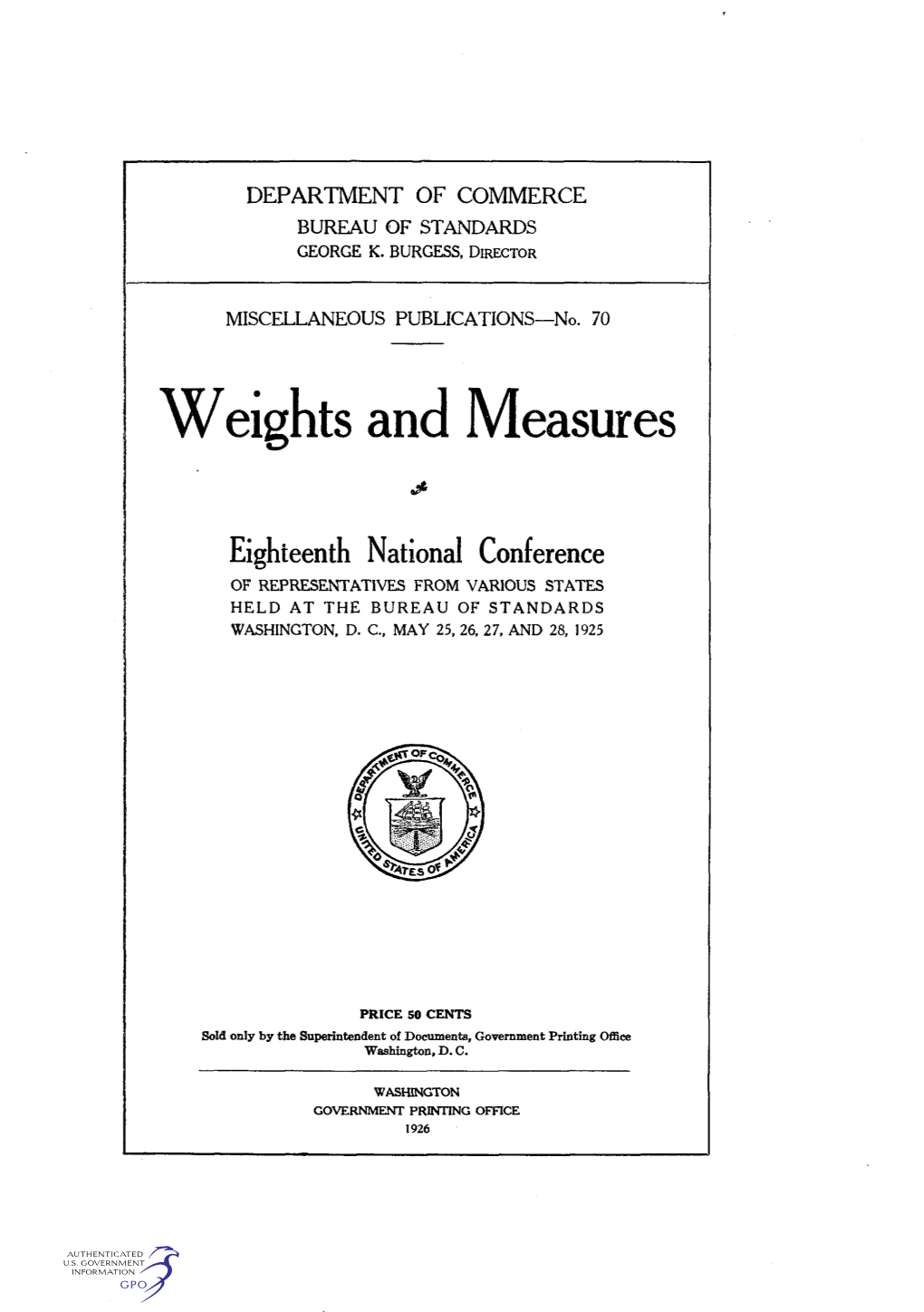 Weights and Measures Eighteenth National Conference