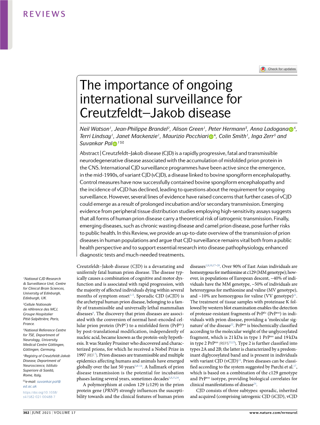 The Importance of Ongoing International Surveillance for Creutzfeldt–Jakob Disease