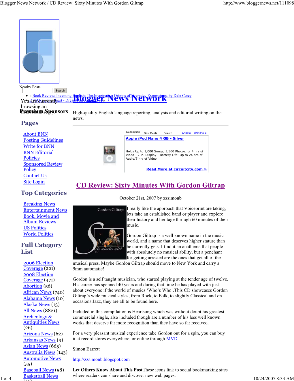 Blogger News Network / CD Review: Sixty Minutes with Gordon G