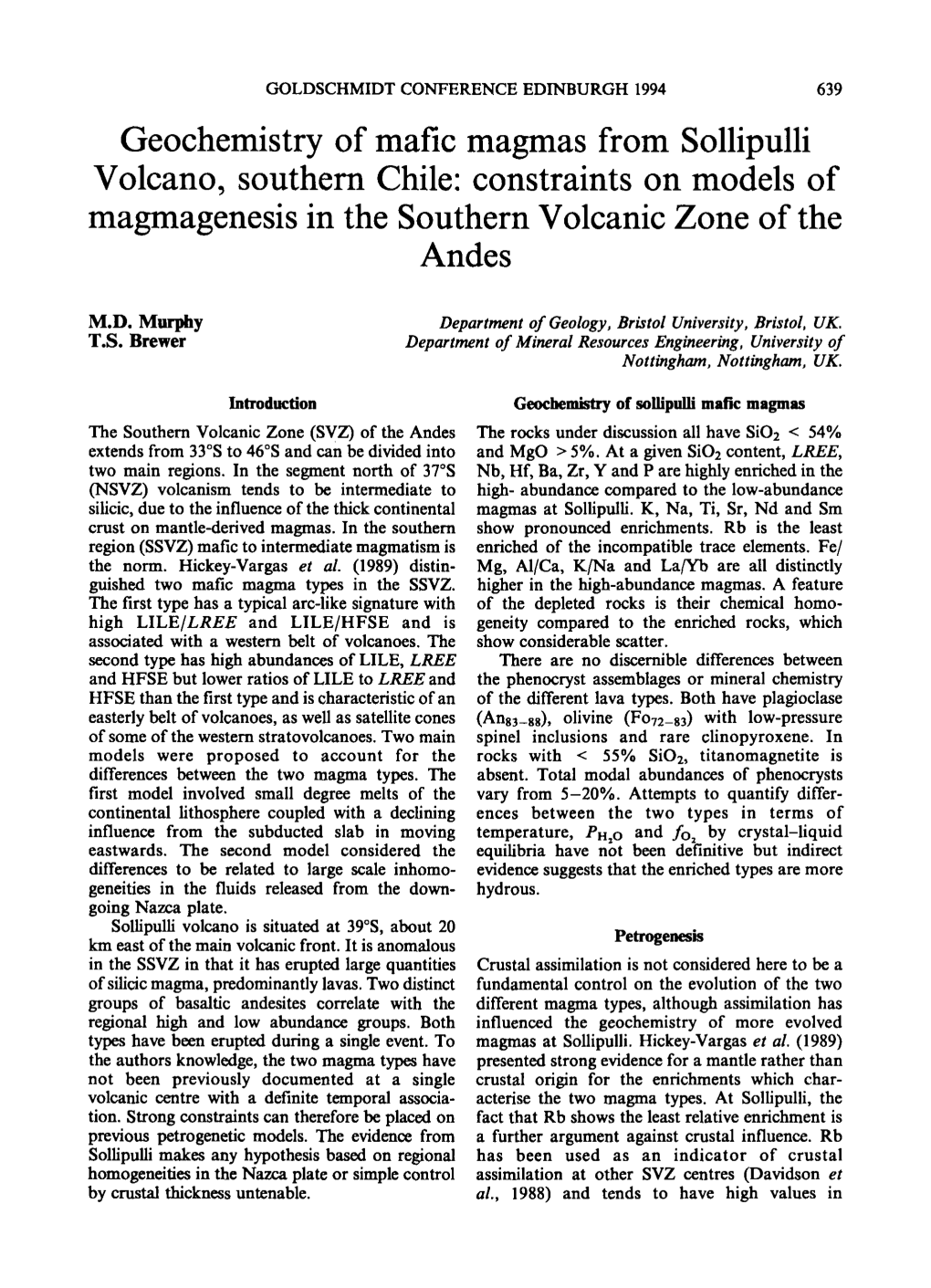 Geochemistry of Marie Magmas from Sollipulli Volcano, Southern Chile: Constraints on Models of Magmagenesis in the Southern Volcanic Zone of the Andes
