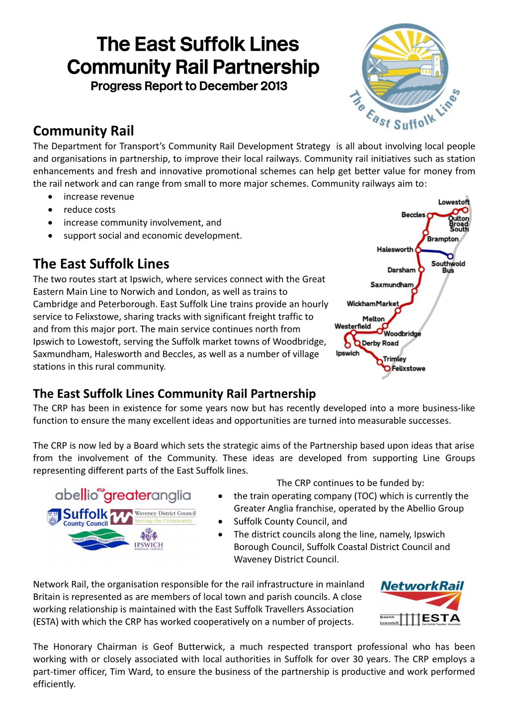 The East Suffolk Lines Community Rail Partnership Progress Report to December 2013