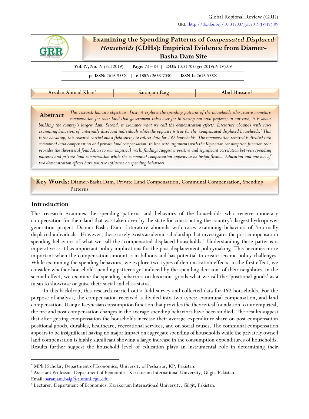 Examining the Spending Patterns of Compensated Displaced Households (Cdhs): Empirical Evidence from Diamer- Basha Dam Site Vol