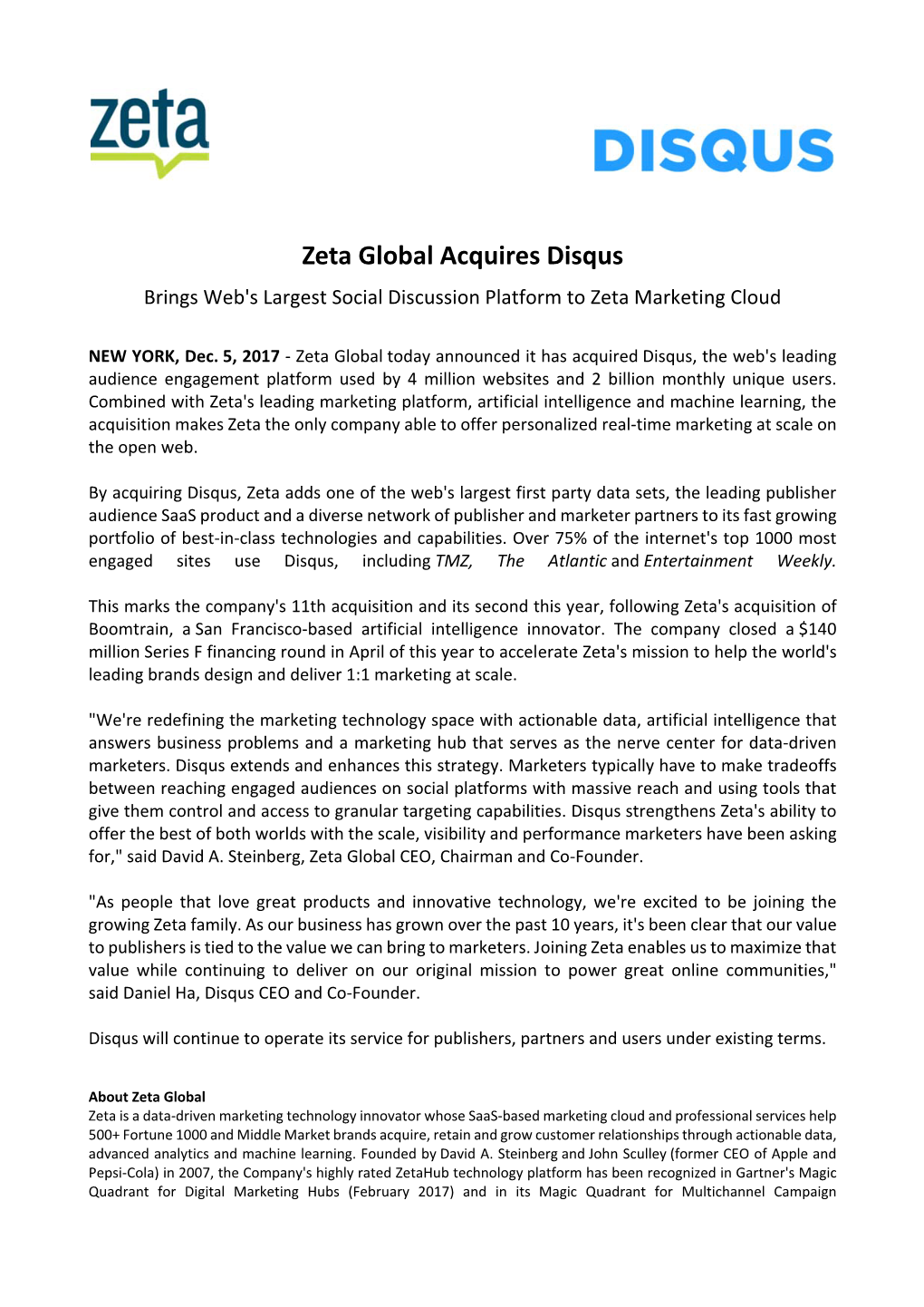 Zeta Global Acquires Disqus Brings Web's Largest Social Discussion Platform to Zeta Marketing Cloud