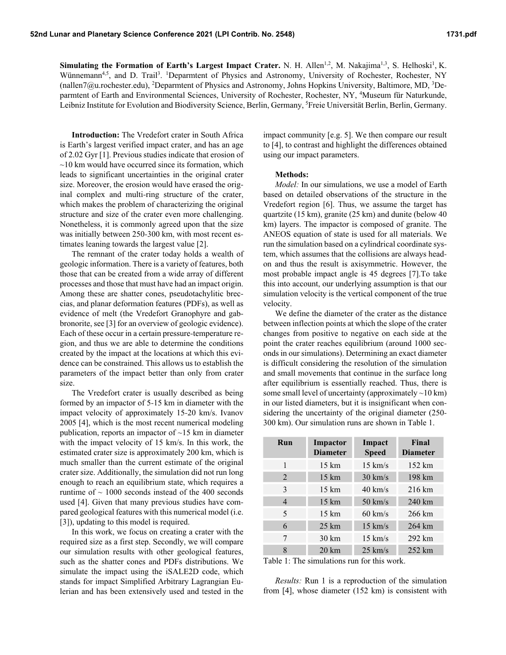 Simulating the Formation of Earth's Largest Impact Crater. N. H. Allen1