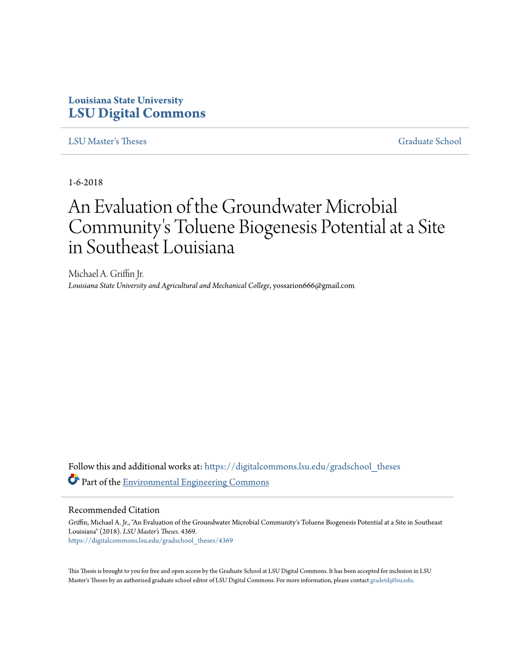 An Evaluation of the Groundwater Microbial Community's Toluene Biogenesis Potential at a Site in Southeast Louisiana Michael A