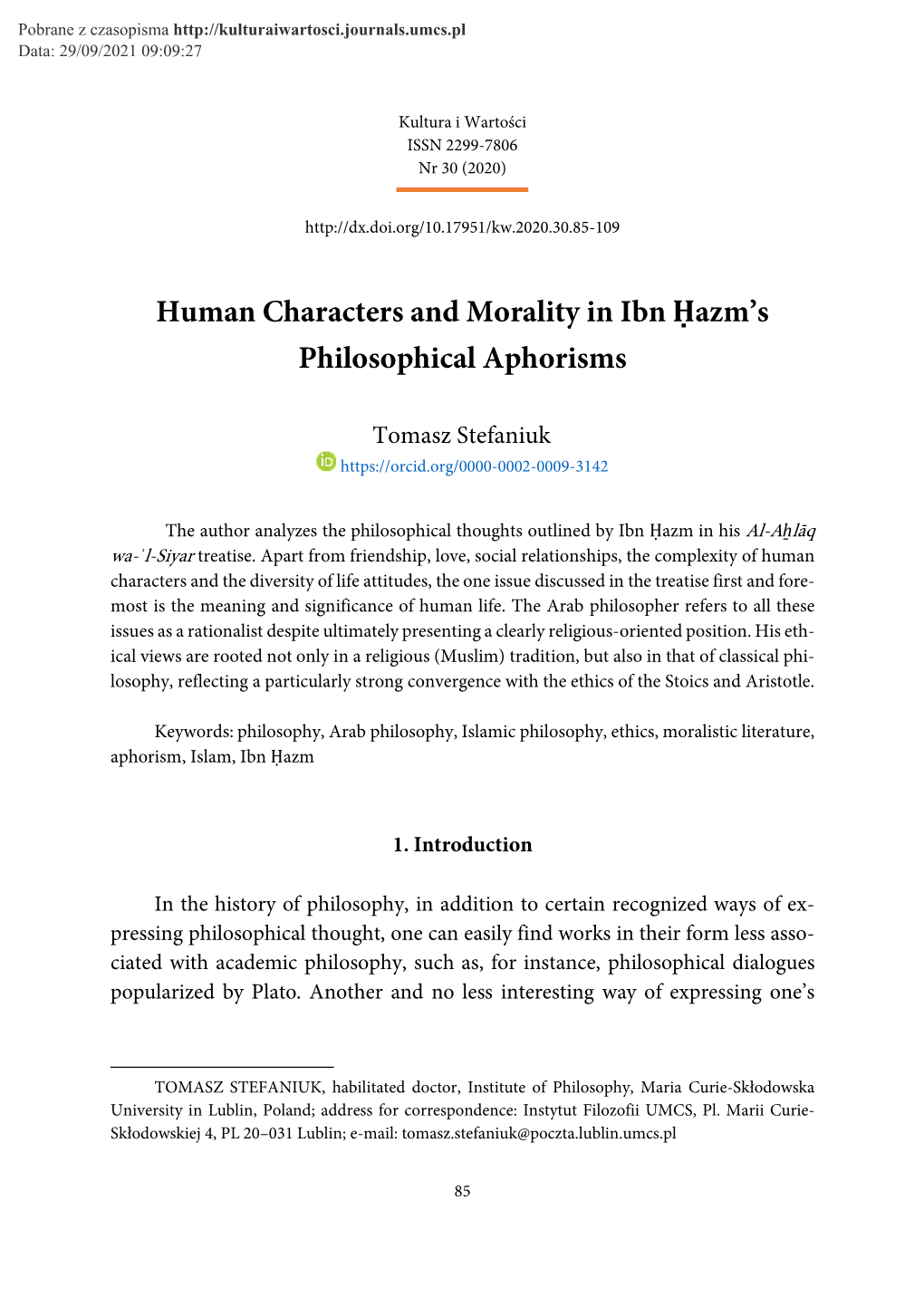 Human Characters and Morality in Ibn Ḥazm's Philosophical Aphorisms