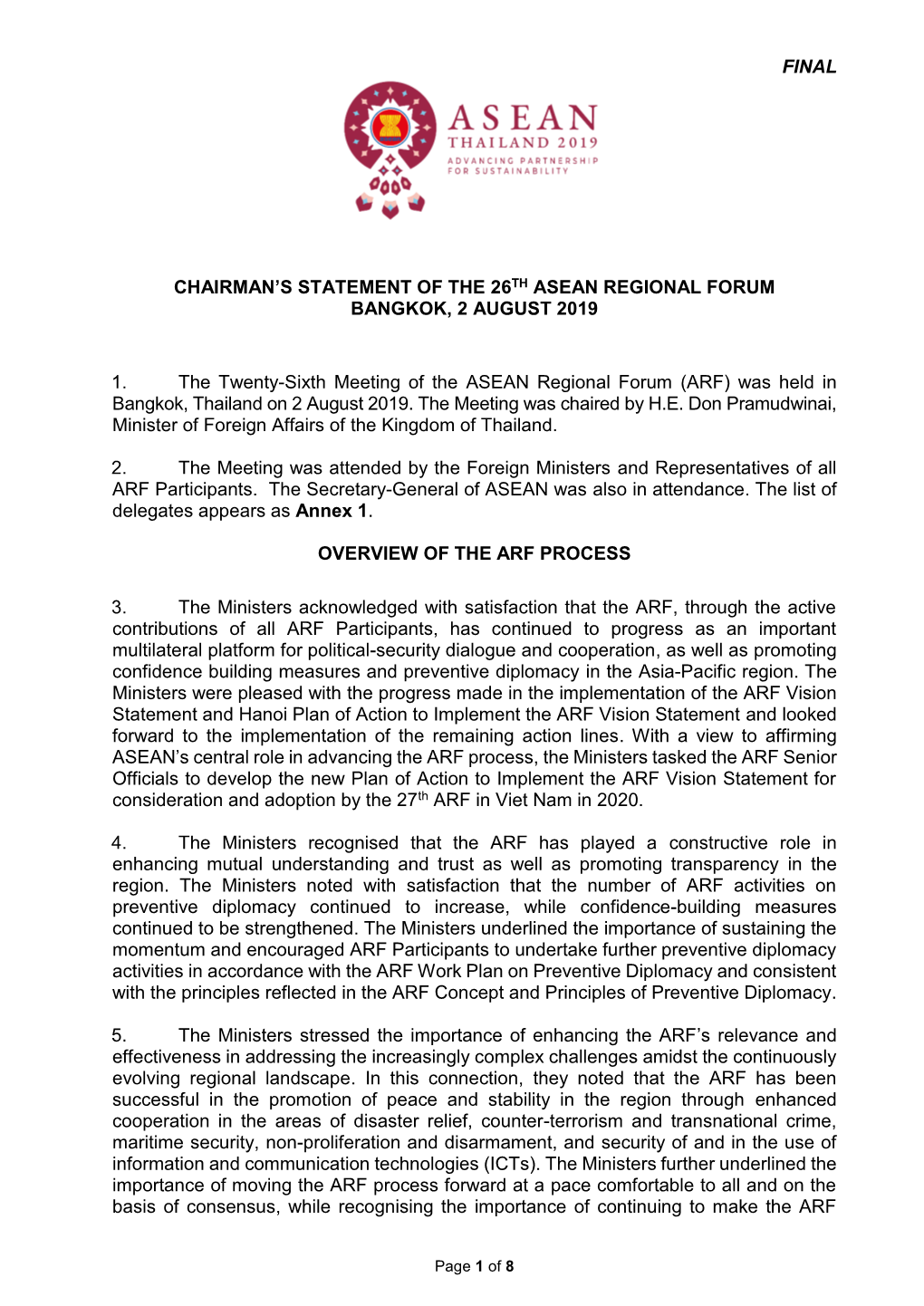 Chairman's Statement of the 26Th ASEAN Regional Forum