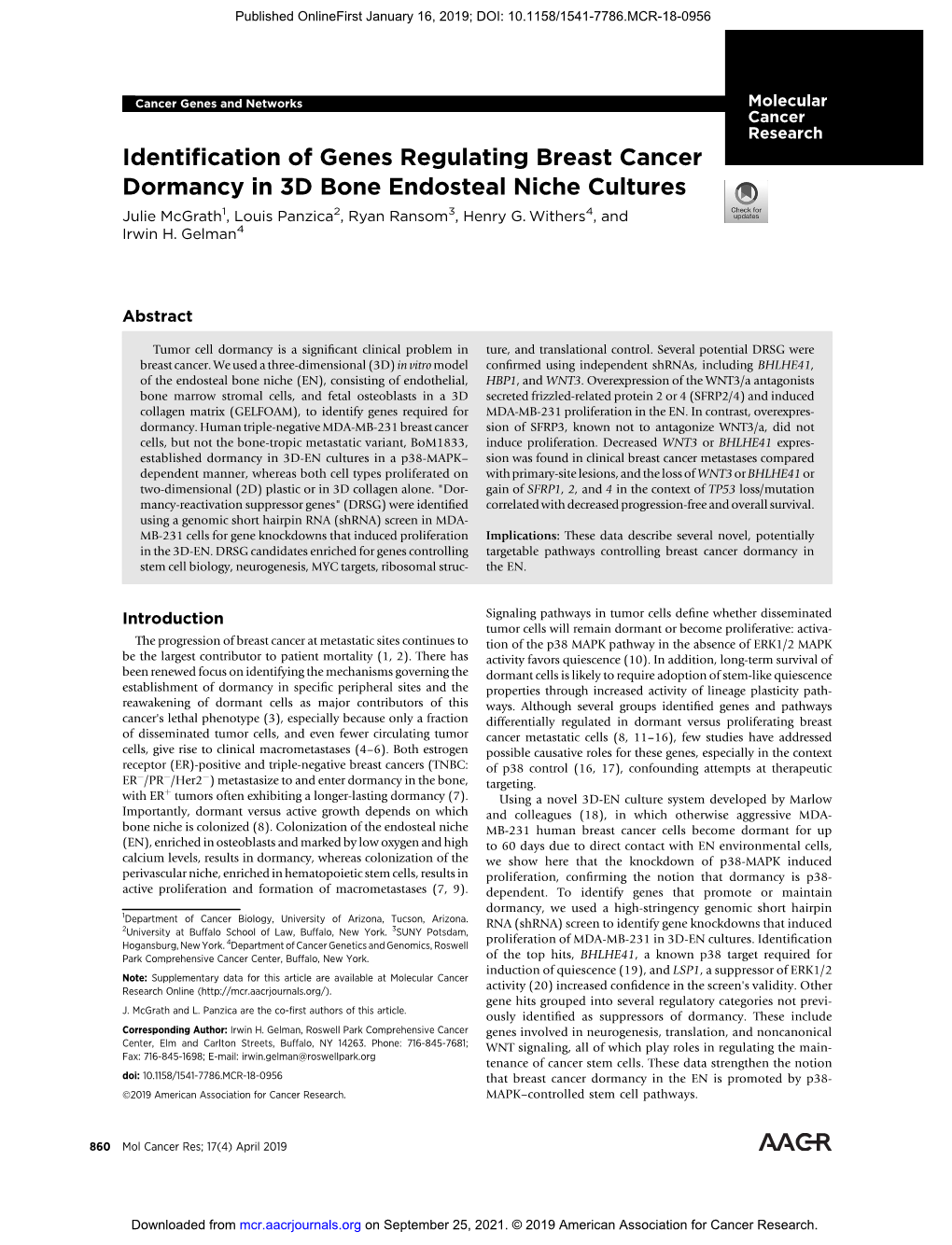 Identification of Genes Regulating Breast Cancer Dormancy in 3D Bone Endosteal Niche Cultures