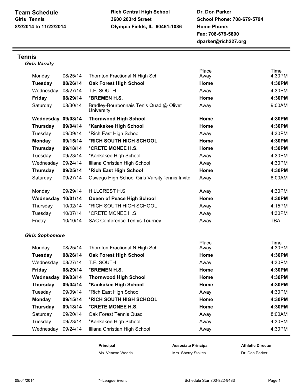 Team Schedule Tennis