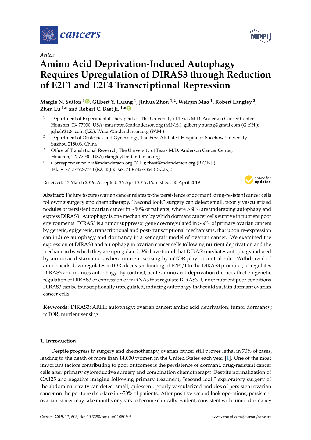 Amino Acid Deprivation-Induced Autophagy Requires Upregulation of DIRAS3 Through Reduction of E2F1 and E2F4 Transcriptional Repression