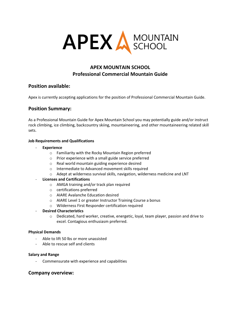 APEX MOUNTAIN SCHOOL Professional Commercial Mountain Guide
