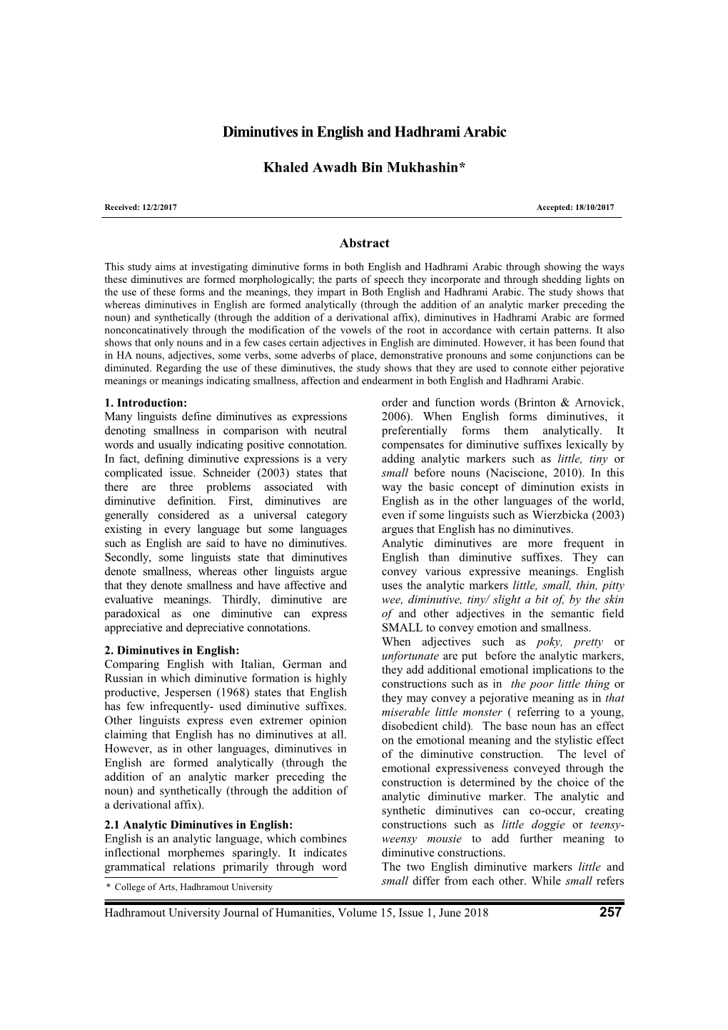 Diminutives in English and Hadhrami Arabic