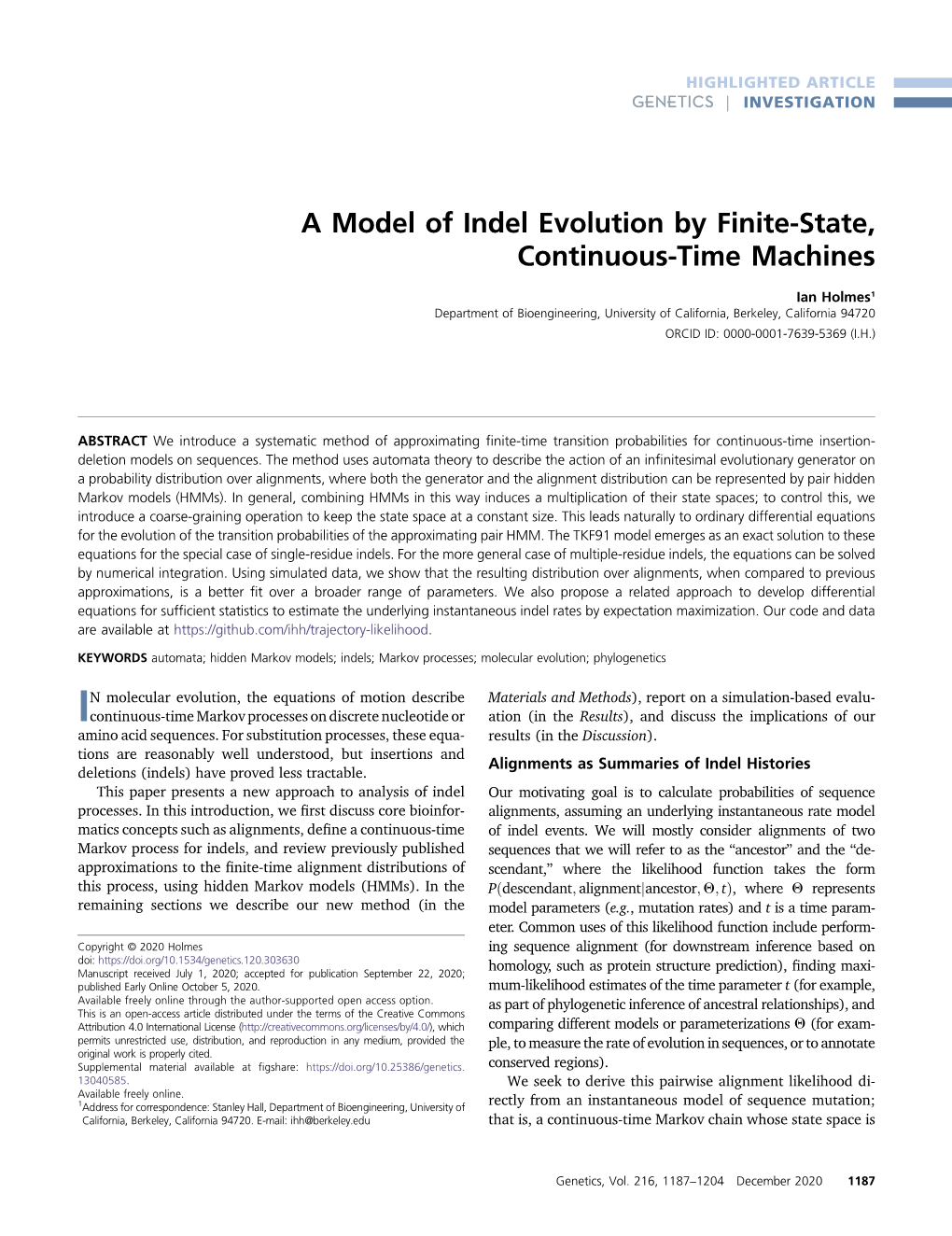 A Model of Indel Evolution by Finite-State, Continuous-Time Machines