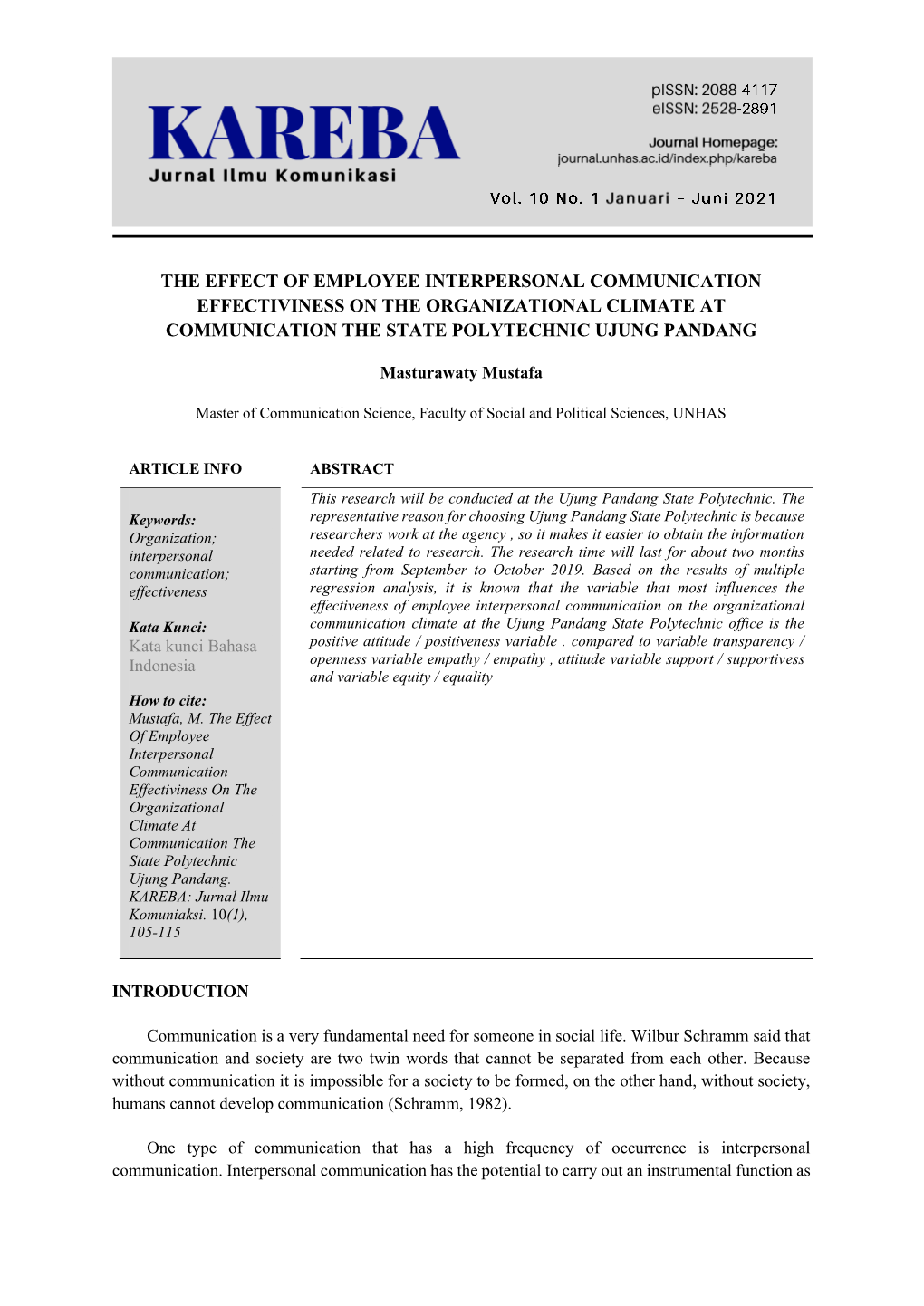 The Effect of Employee Interpersonal Communication Effectiviness on the Organizational Climate at Communication the State Polytechnic Ujung Pandang