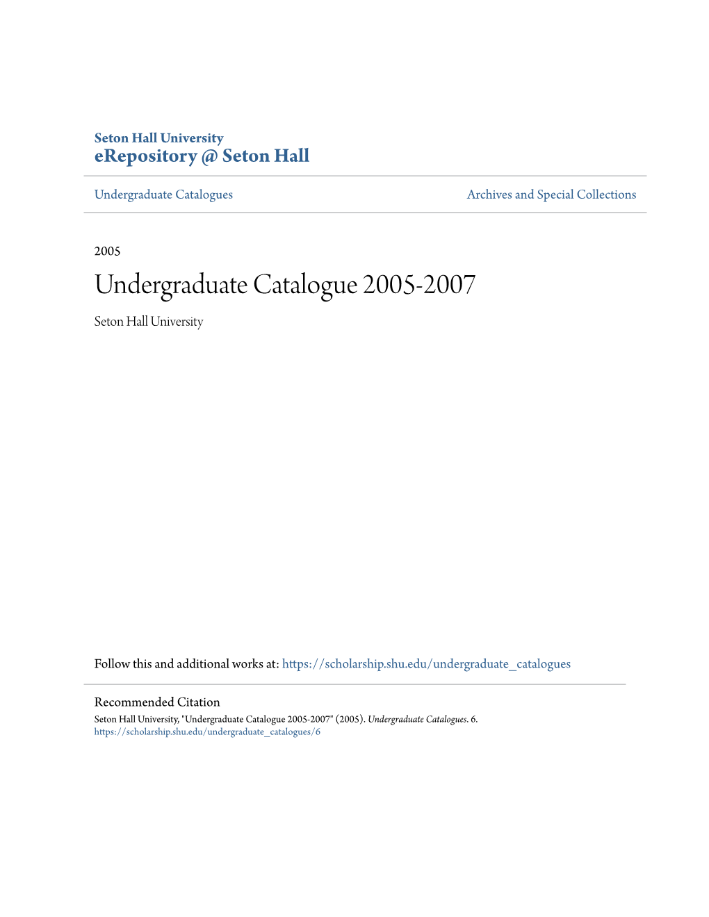 Undergraduate Catalogue 2005-2007 Seton Hall University