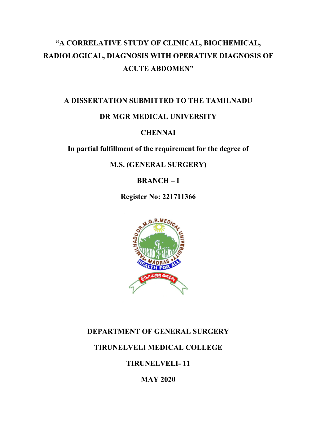 A Dissertation Submitted to the Tamilnadu