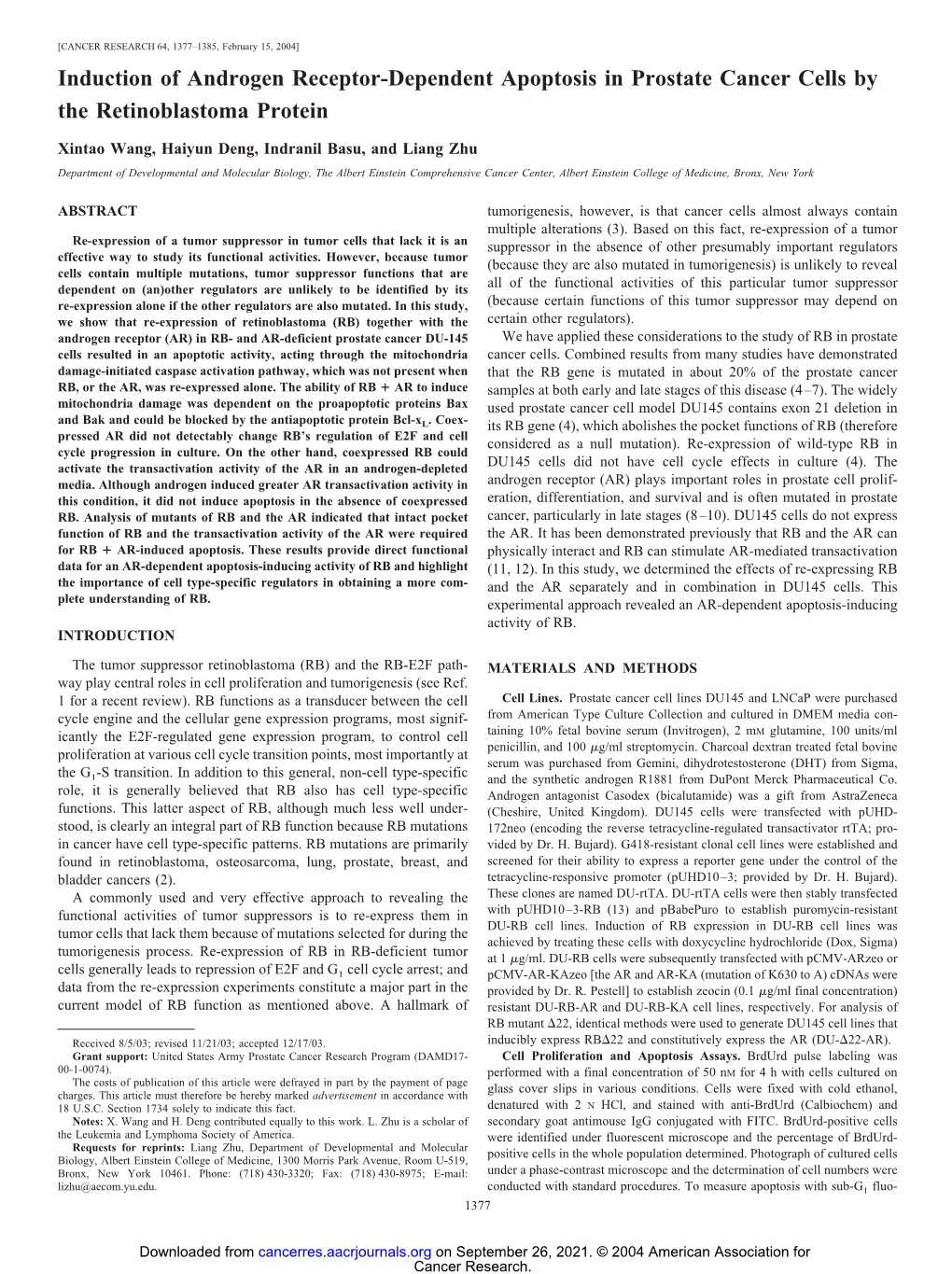 Induction of Androgen Receptor-Dependent Apoptosis in Prostate Cancer Cells by the Retinoblastoma Protein