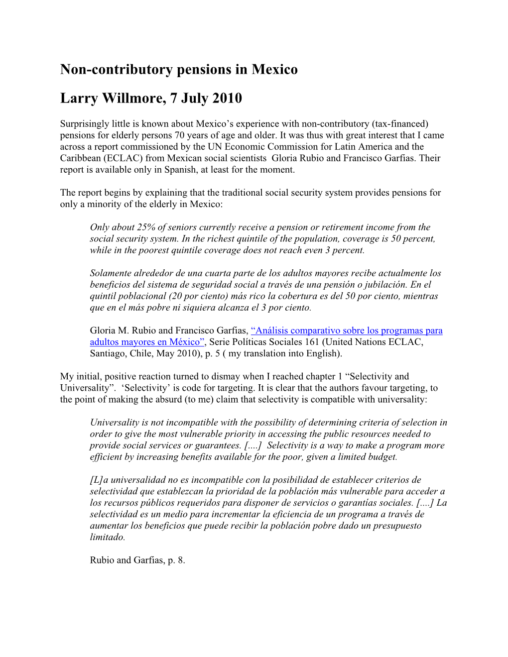 Non-Contributory Pensions in Mexico Larry Willmore, 7 July 2010