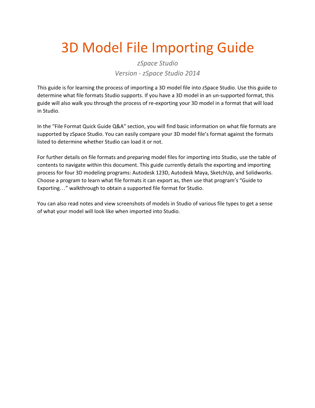 3D Model File Importing Guide Zspace Studio Version - Zspace Studio 2014