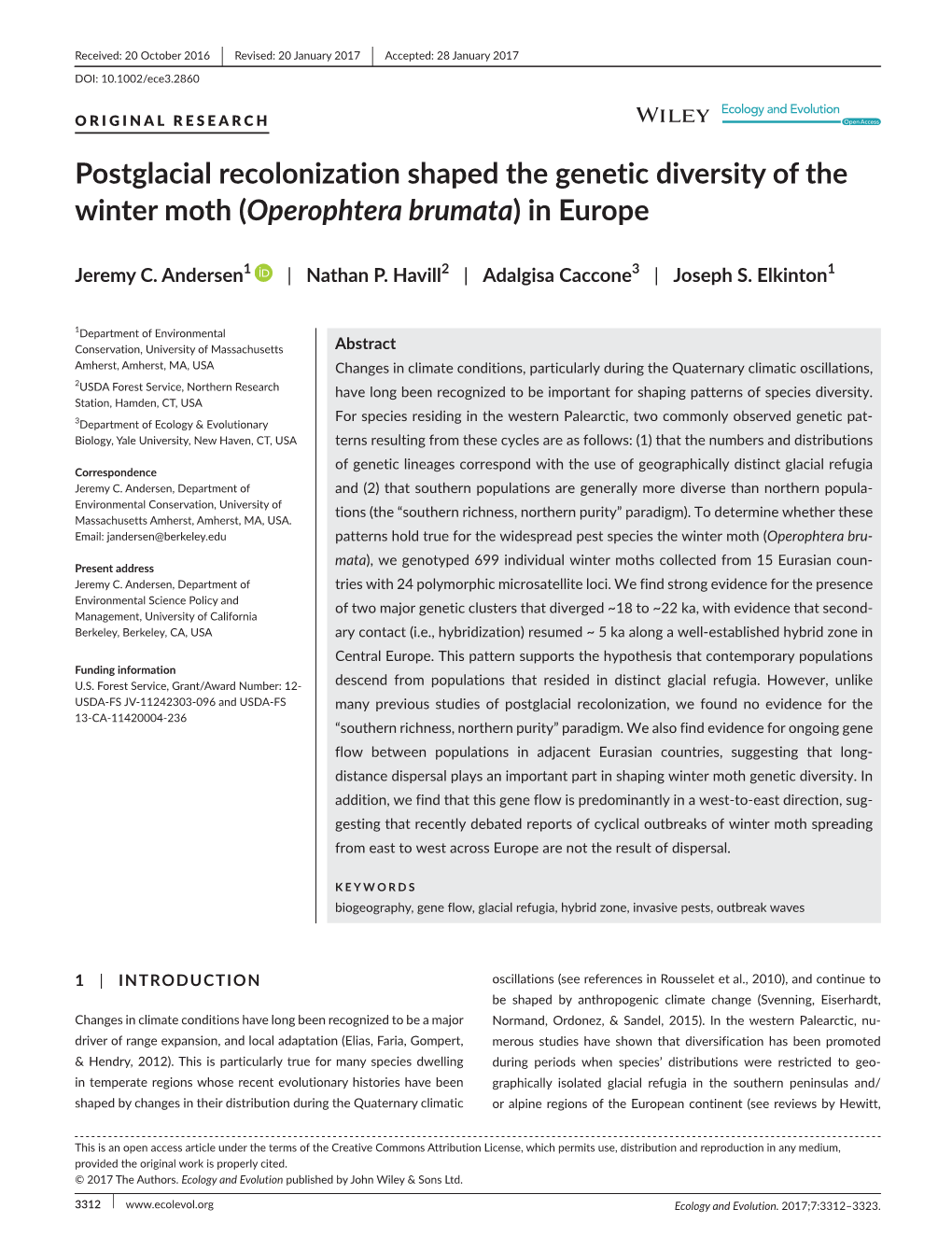 Postglacial Recolonization Shaped the Genetic Diversity of the Winter Moth (Operophtera Brumata) in Europe