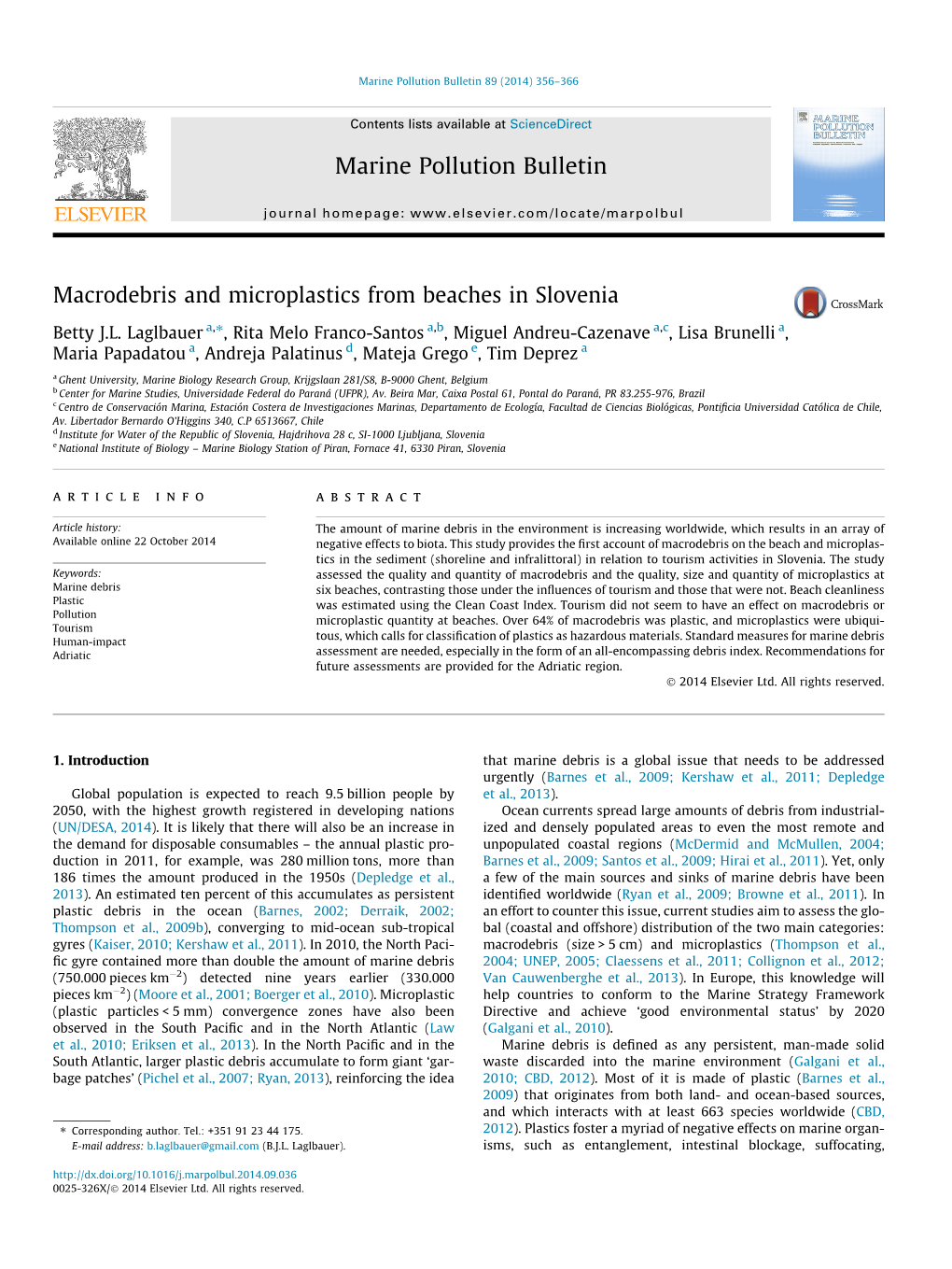 Macrodebris and Microplastics from Beaches in Slovenia ⇑ Betty J.L