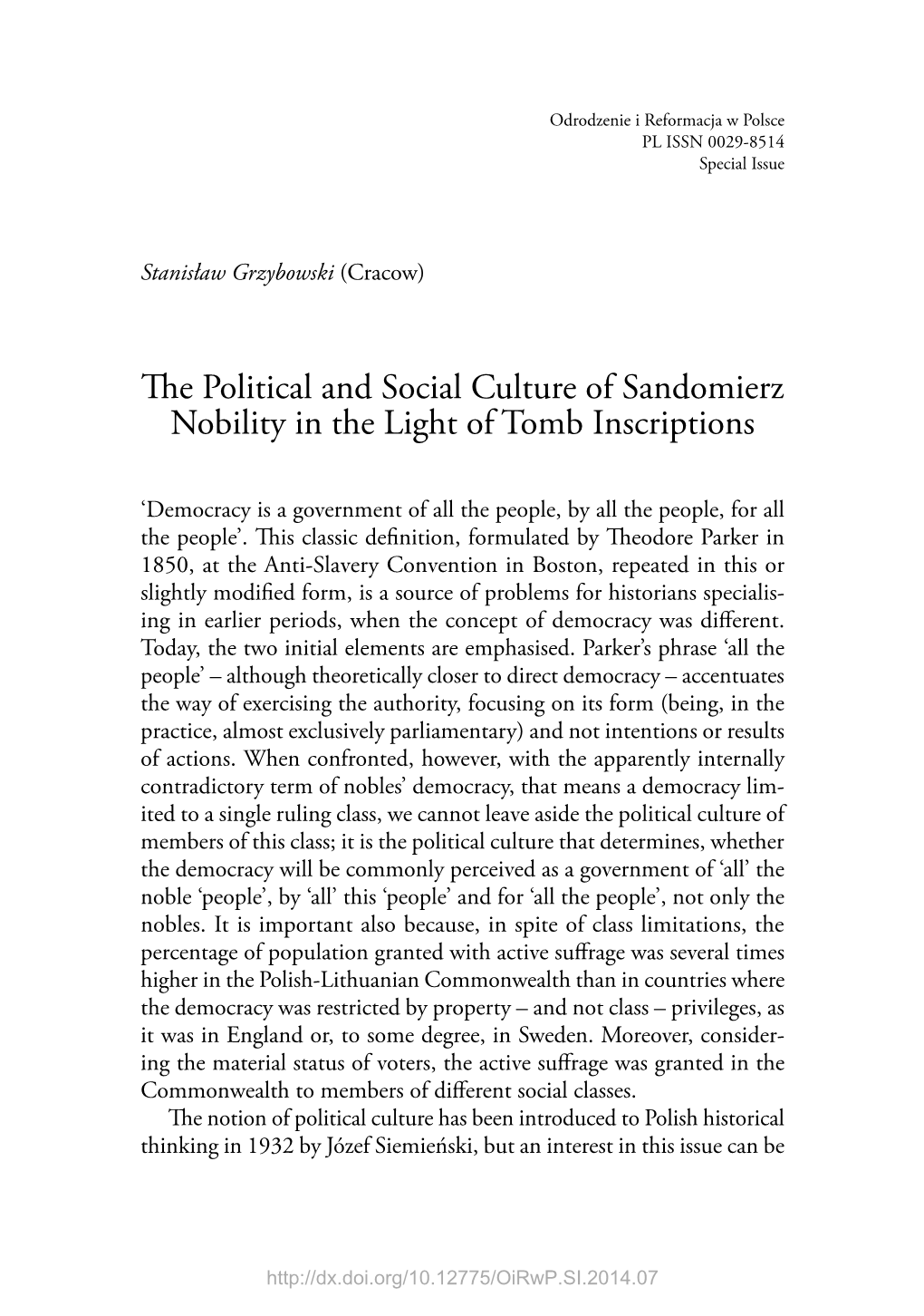 The Political and Social Culture of Sandomierz Nobility in the Light of Tomb Inscriptions