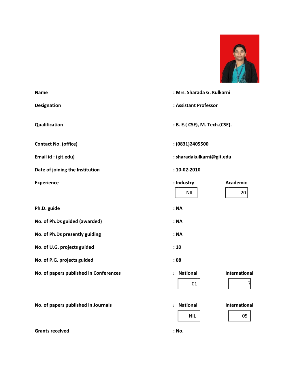 Mrs. Sharada G. Kulkarni Designation : Assistant Professor Qualification