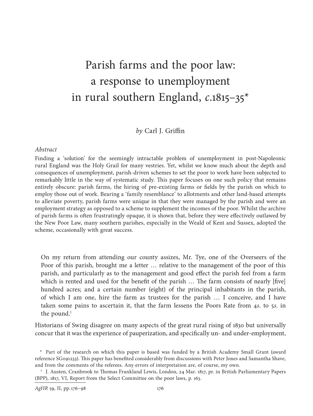 Parish Farms and the Poor Law: a Response to Unemployment in Rural Southern England, C.1815–35*