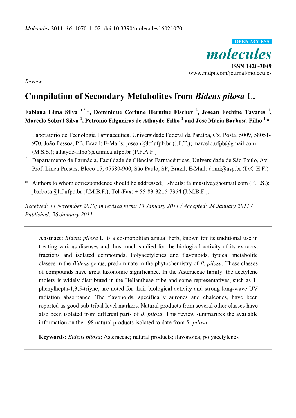Compilation of Secondary Metabolites from Bidens Pilosa L