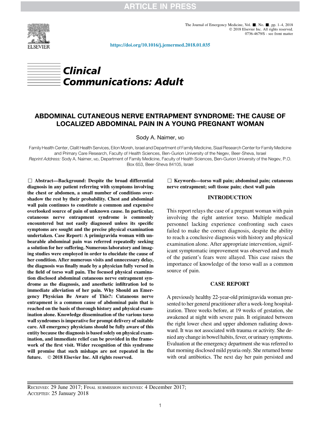 Abdominal Cutaneous Nerve Entrapment Syndrome: the Cause of Localized Abdominal Pain in a Young Pregnant Woman