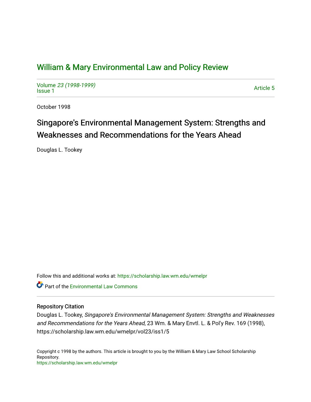 Singapore's Environmental Management System: Strengths and Weaknesses and Recommendations for the Years Ahead