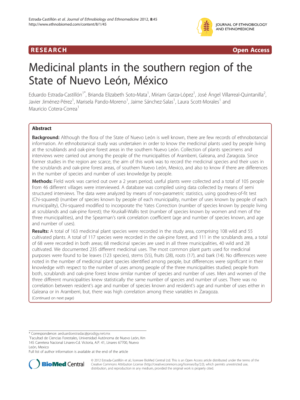 Medicinal Plants in the Southern Region of the State of Nuevo León