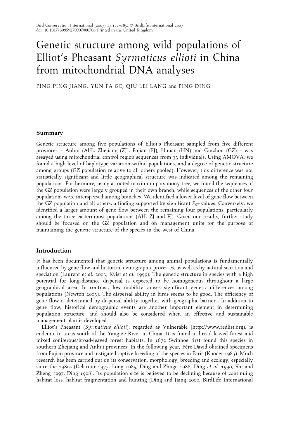 Genetic Structure Among Wild Populations of Elliot's Pheasant Syrmaticus Ellioti in China from Mitochondrial DNA Analyses