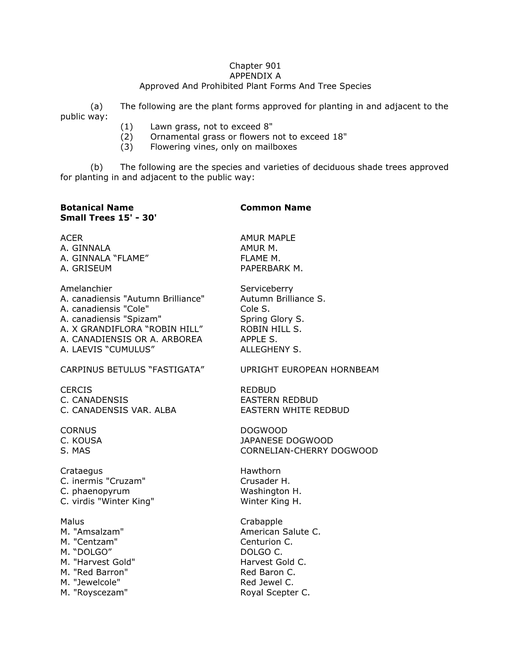 Chapter 901 APPENDIX a Approved and Prohibited Plant Forms and Tree Species