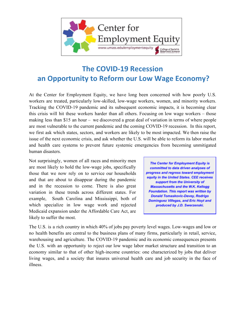 The COVID-19 Recession an Opportunity to Reform Our Low Wage Economy?