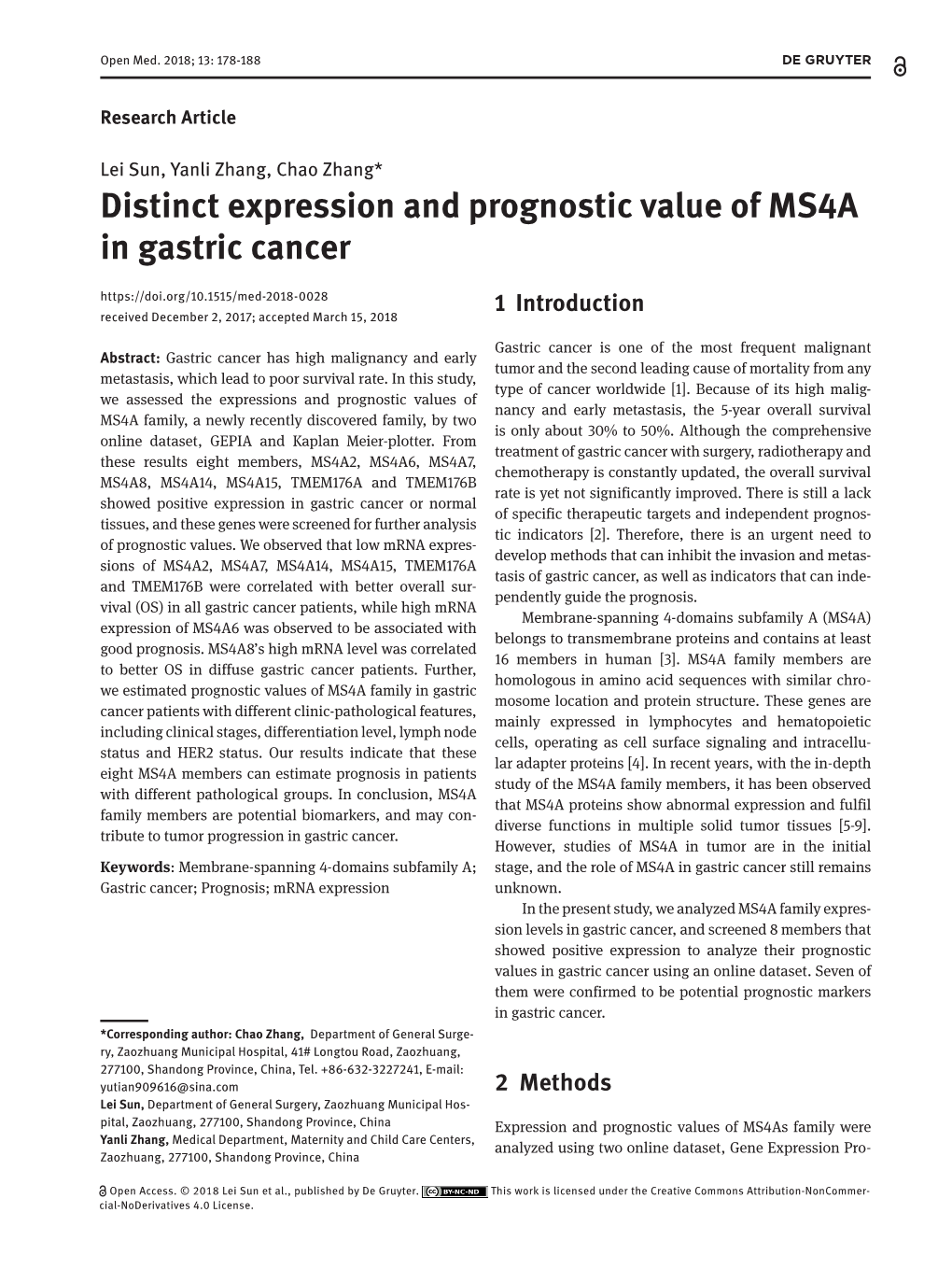 Distinct Expression and Prognostic Value of MS4A in Gastric Cancer