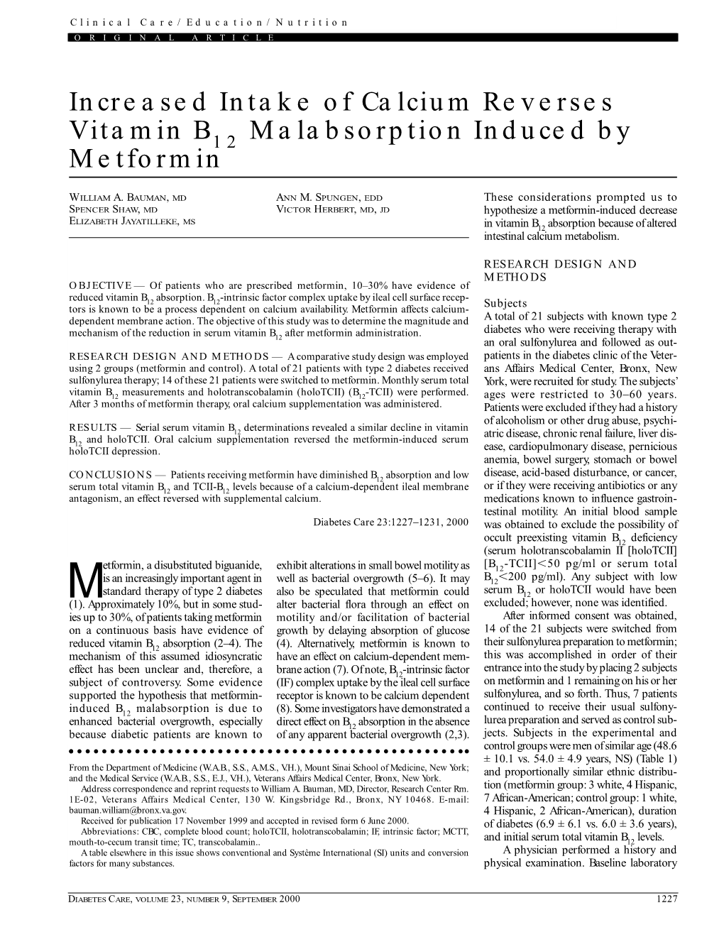 Increased Intake of Calcium Reverses Vitamin B12 Malabsorption Induced by Metformin