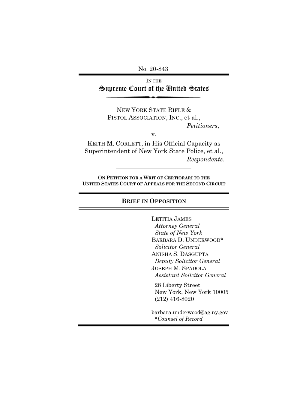 NEW YORK STATE RIFLE & PISTOL ASSOCIATION, INC., Et Al., Petitioners, V