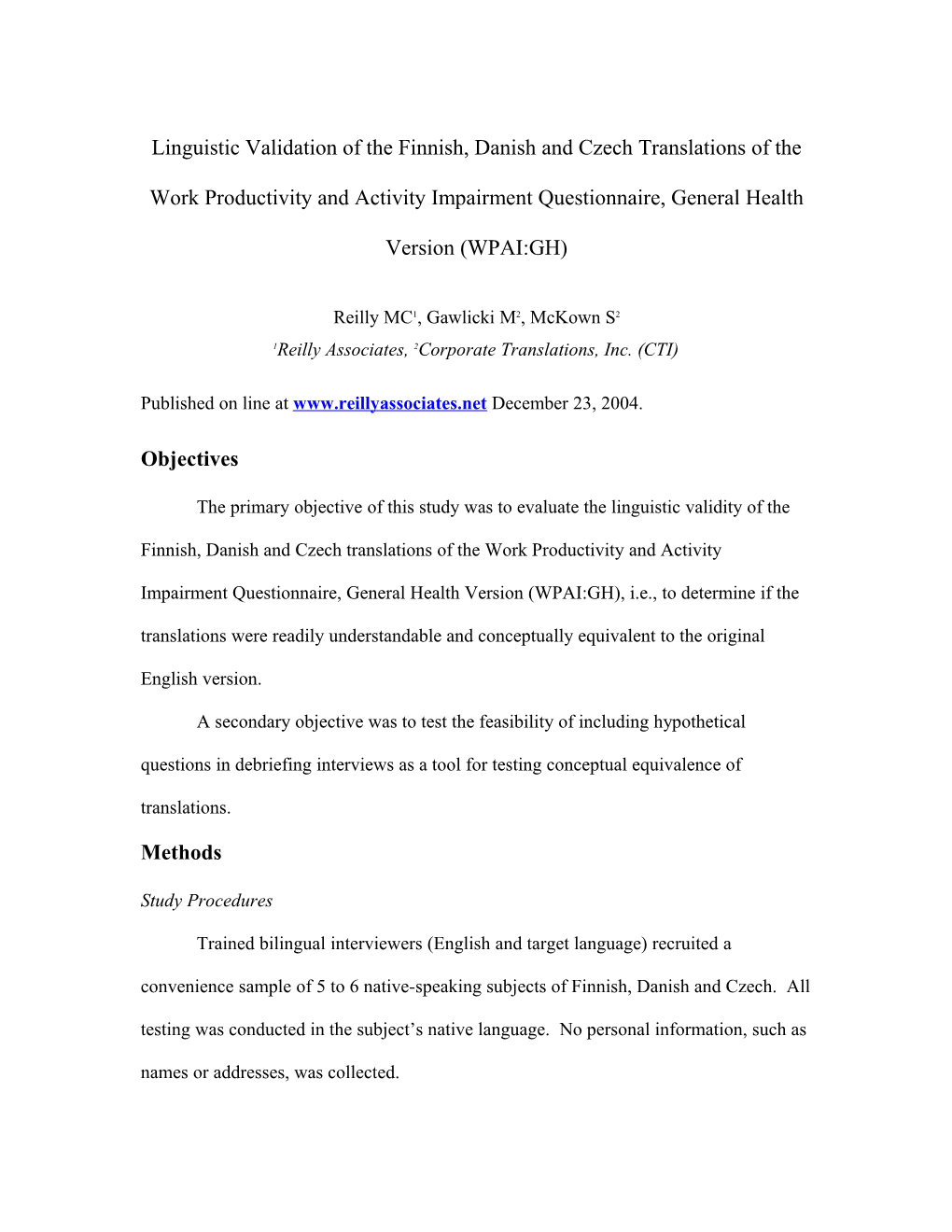 Linguistic Validation WPAI:GH-Finnish, Danish, Czech