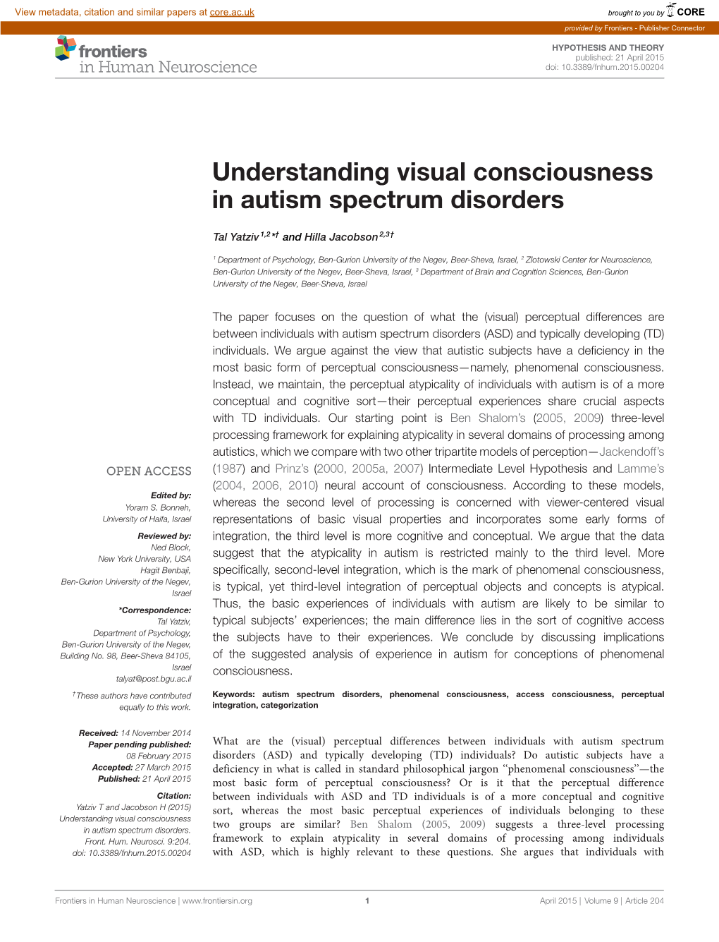 Understanding Visual Consciousness in Autism Spectrum Disorders