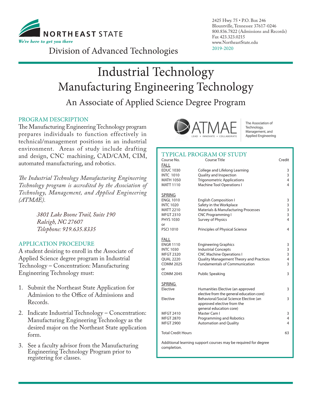 Industrial Technology Manufacturing Engineering Technology an Associate of Applied Science Degree Program