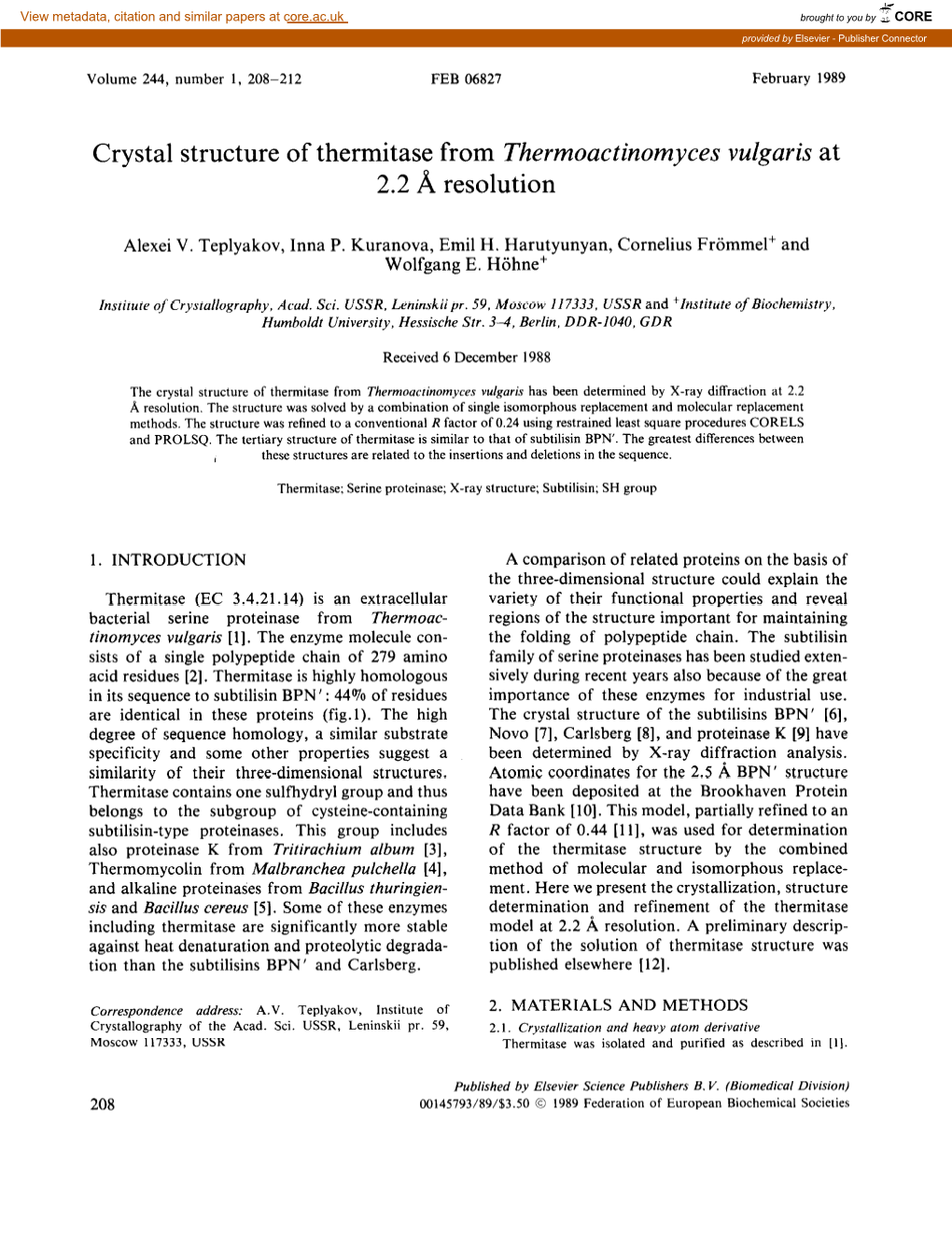 Crystal Structure of Thermitase from Thermoactinomyces Vulgaris at 2.2 a Resolution