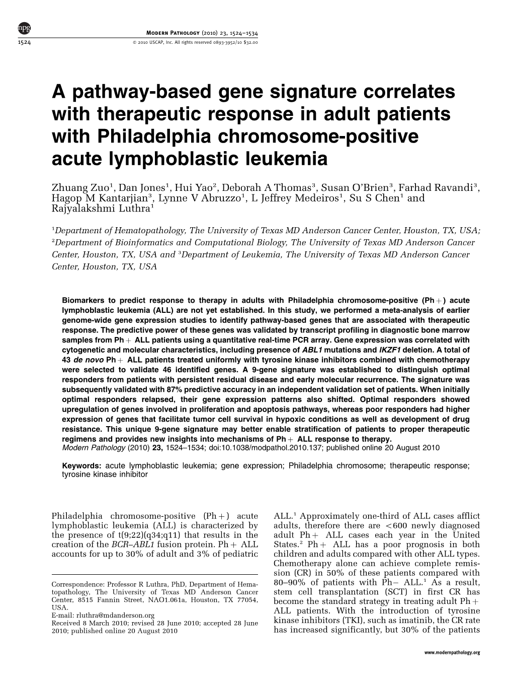 A Pathway-Based Gene Signature Correlates with Therapeutic Response in Adult Patients with Philadelphia Chromosome-Positive Acute Lymphoblastic Leukemia