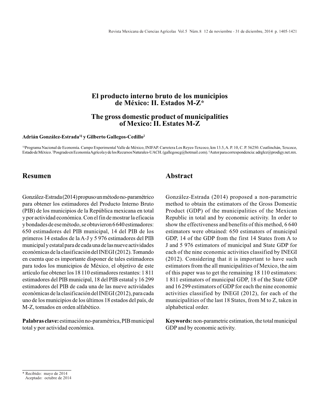 The Gross Domestic Product of Municipalities of Mexico: II. Estates MZ