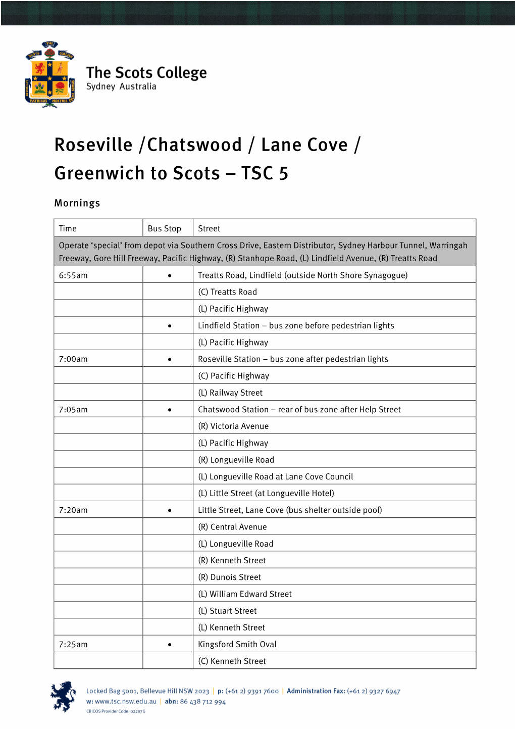 Roseville /Chatswood / Lane Cove / Greenwich to Scots – TSC 5