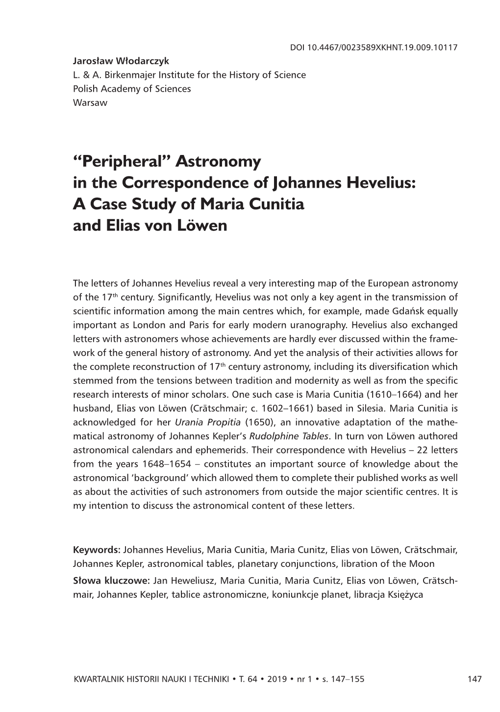 Astronomy in the Correspondence of Johannes Hevelius: a Case Study of Maria Cunitia and Elias Von Löwen