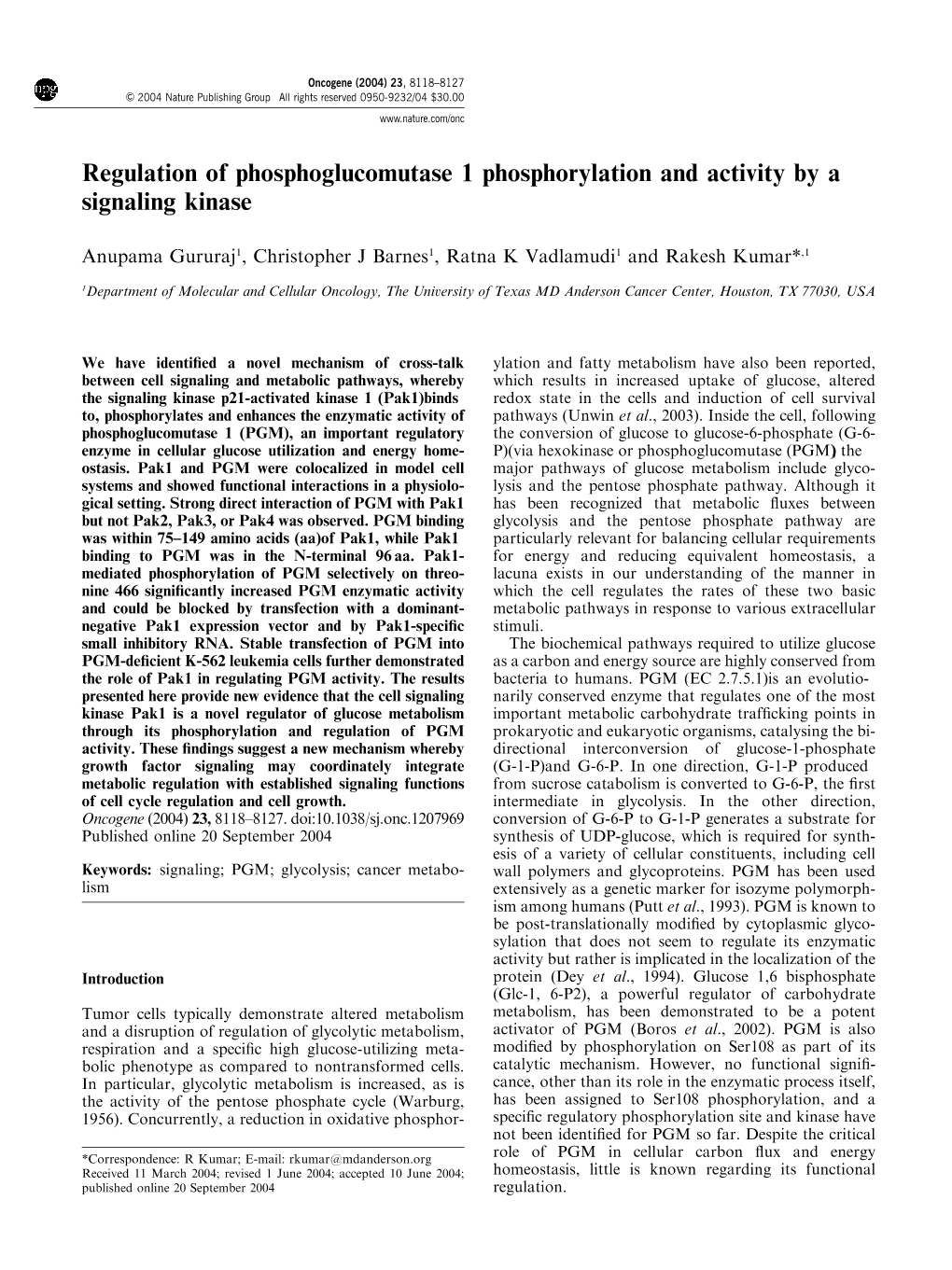 Regulation of Phosphoglucomutase 1 Phosphorylation and Activity by a Signaling Kinase